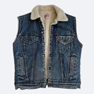 Vtg Levi's Jean Vest Sherpa Denim Faux Shearling Trucker Size M 1980s